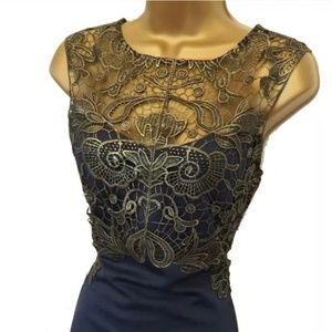 Lipsy Pencil Bodycon Dress 12 UK Navy Gold Lace Evening Party Occasion Wedding